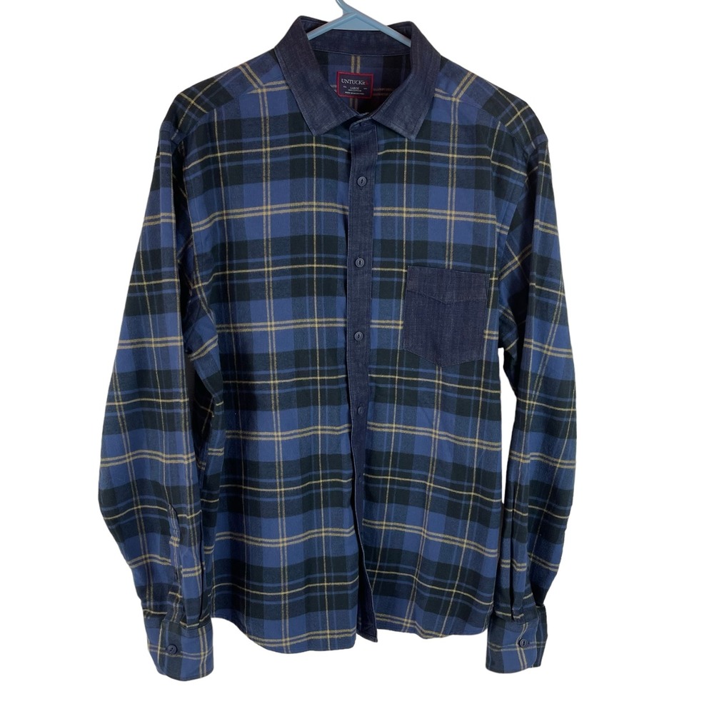 Untuckit Shirt Sz Large Mens Plaid Blue Long Sleeve Flannel Button Front Pocket